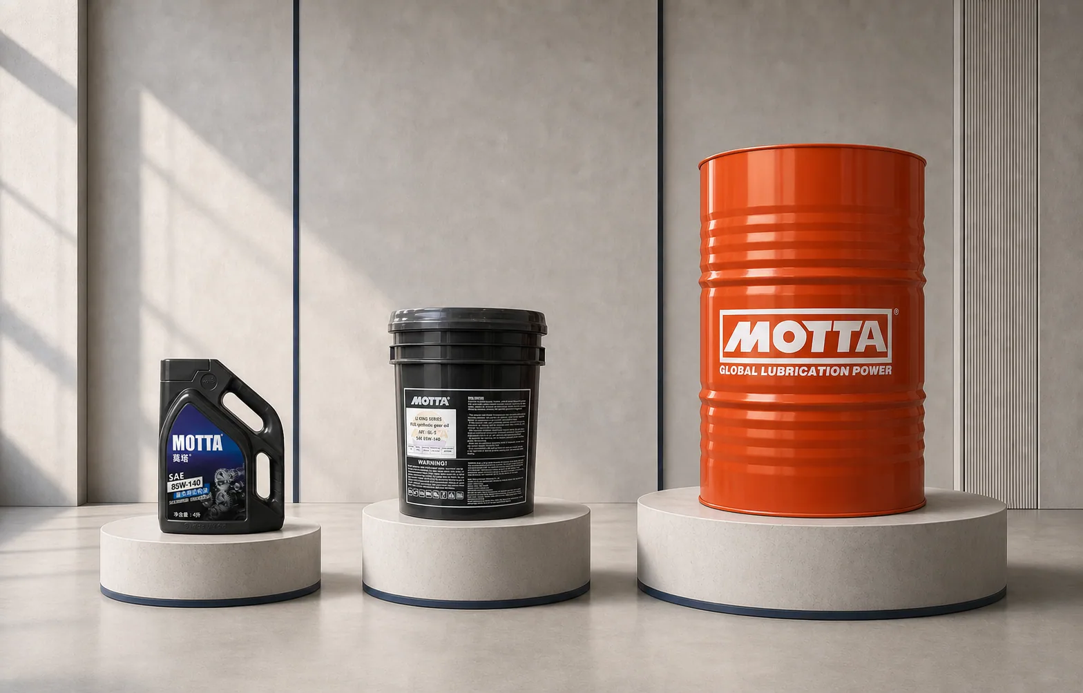 Formats d'emballage MOTTA : bouteilles 1L et 4L, seau 18L et fût 200L